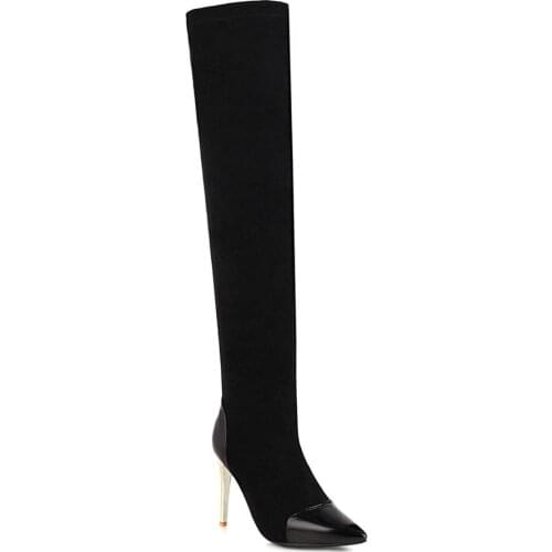 Pointed Sexy Super High Heel Patent Leather Stitching Stretch Cloth Over The Knee Boots Metal Stiletto Nubuck Leather Boots