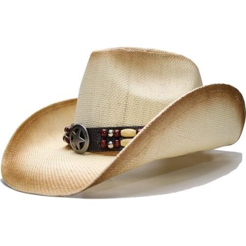 LUCKYLIANJI Retro Womens Mens Summer Straw Beach Wide Brim Cowboy Western Cowgirl Hat Star Sign with Beat Leather Band(58cm)