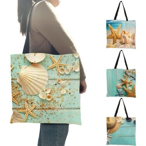 Ladies Shoulder Bag Blue Ocean Starfish Beach Sand Prints Tote Bag Linen Fabric Beautiful Casual Practical Handbag