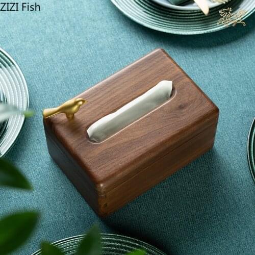 Vintage Wooden Tissue Box Pure Copper Bird Art Decoration Home Living Room Furnishings Wood Removable Tissue Box Kitchen Storage