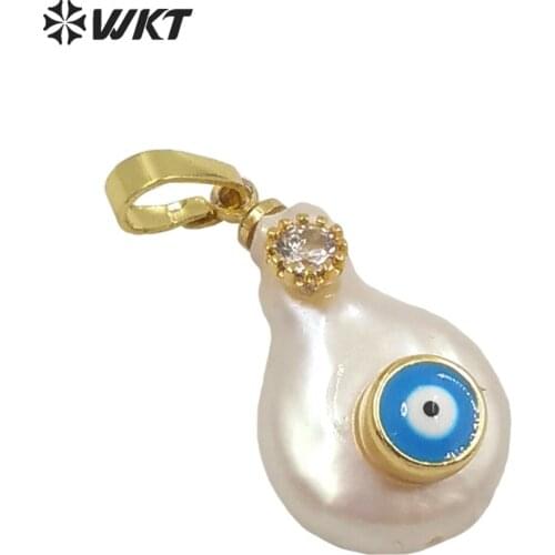 WT-JP258 Amazing Trend women natural Freshwater pearl with micropave CZ charm 18k real gold plated resist tarnish eye pendant