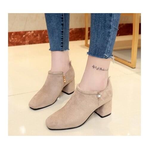 2020 Ankle Boots For Women Fashion Crystal Casual Shoes Female Flock Mid Square Heels Footwear Ladies Elegant Zipper