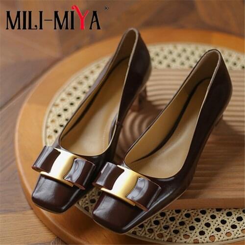 MILI-MIYA Casual Square Toe Women Cow Leather Pumps Slip On Thick Heels Solid Color Street Shoes Size 34-41 Handmade For Ladies