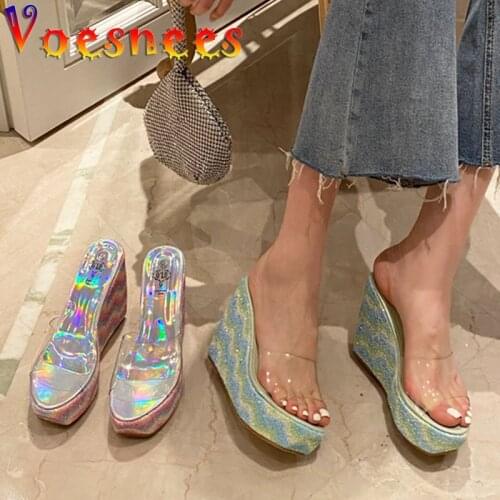 Voesnees Women Slipper Shoes Summer Sexy Transparent Sequin Wedges Sandals Colour Platform Model Show High-Heeled Shoes 2021 New