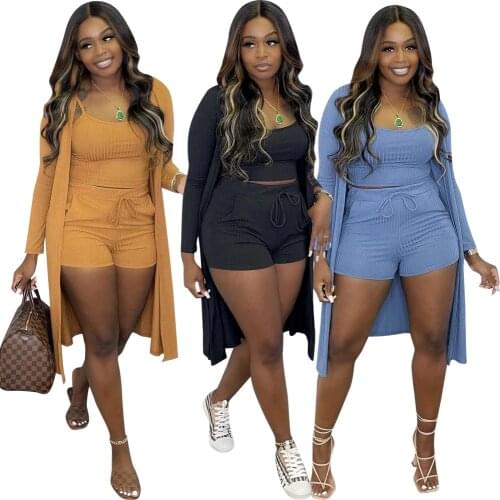 2021 Autumn Casual Women 2 Piece Set Solid Color Kint Ribbed Crop Top And Long Coat And Pants Drawstring Streetwear Tracksuit