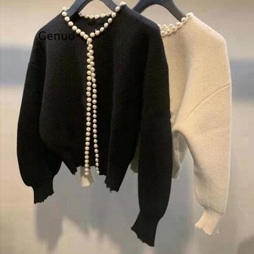 New Fashion Korean Jackets Pearls Cardigan Batwing Sleeve Wool Knit Vintage Womens Coat High Quality Jacket