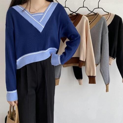 Women Pathwork Knitted Thicken Oversized Sweater Female Round Neck Long Sleeve Casual Loose Pullovers Top Autumn Winter