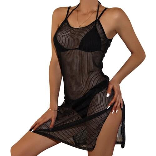 2021 Women Sexy Beach Dress Solid Color Sheer Sleeveless Bikini Cover Short and Long Skirt with Side Slits for Girls