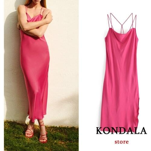 KONDALA Za 2021 Chic Pink Stain Cami Dress Women Side Split Backless Sexy Midi Dress Stylish Elegant Party Vestidos