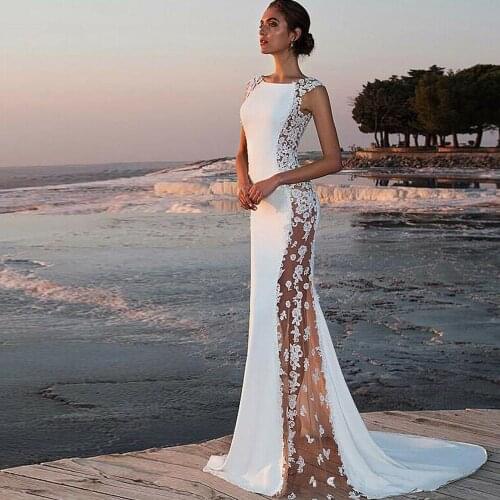 Summer White Beach Mermaid Wedding Dresses Boat Neck Lace Satin Appliques Jewel Lapel Floor-Length Vestido De Novia