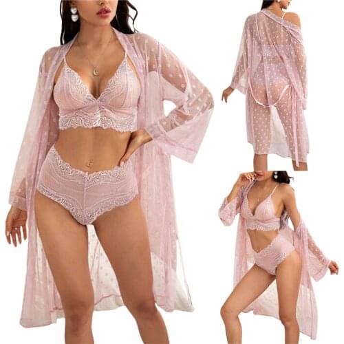 3PCS Women Underwear Sexy Set Female Flower Embroidery Lingerie Suit + Perspective Night Skirt Kit Exotic Apparel Honeymoon 2021