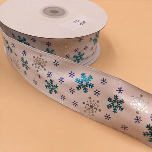 38mm 25Yards Wired White Ribbons Printed Snowflake for Christmas Webbing Decoration New Year Gift Wrapping 1-1/2"