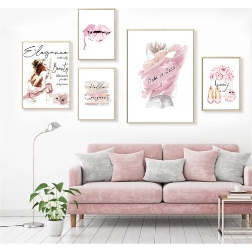 Abstract Sexy Lips Canvas Print Beauty Woman Poster Pink High Heel Perfume Wall Art Painting Fashion Wall Pictures Bedroom Decor