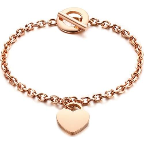 Rose gold color chain bracelets for women jewelry love heart charm stainless steel bangle fashion accessory birthday gifts