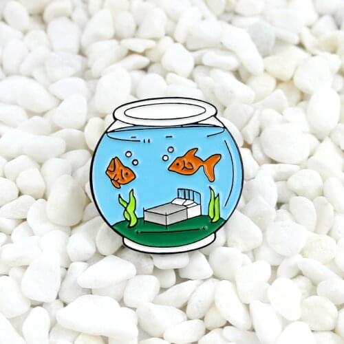 Sleep With The Fishes Pin Cartoon fish tank brooch Two fish and one bed creative badge Denim backpack sweater pin