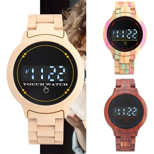 Touch Screen LED Electronic Wood Watch Men Digital Wooden Bangle Wristwatch Folding Clasp Sport Casual Men Watches Gifts