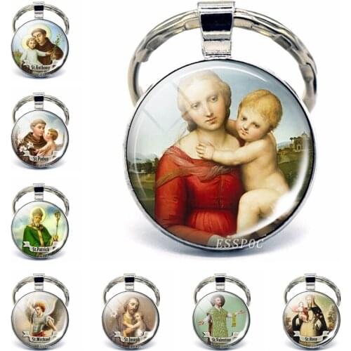 Virgin Mary St Michael Saint Key Chain Art Jewelry Gift Religious Religion Glass Cabochon Christian Pendant Women Gift