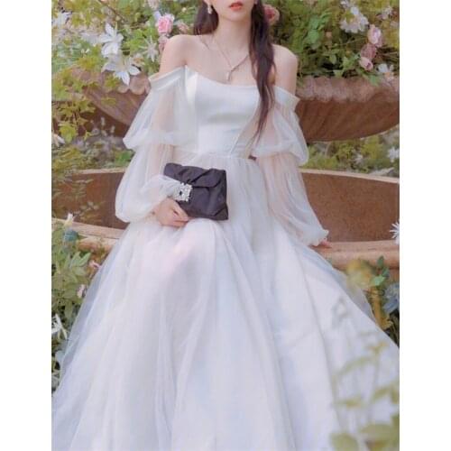 Simple Off Shoulder Korea Style Puffy Sleeve Wedding Dress Elegant Tulle A-Line Bridal Gowns vestidos de mairee Wedding