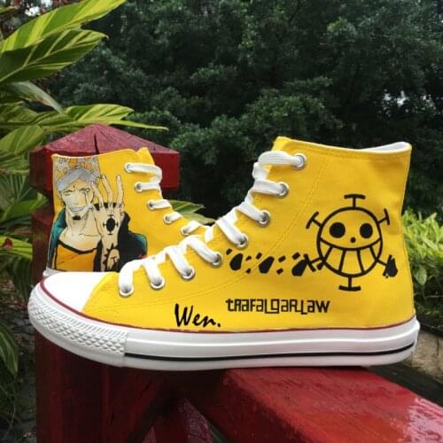 Wen Anime Hand Painted Yellow Canvas Shoes Design Custom One Piece Trafalgar Law High Top Men Womens Canvas Sneakers