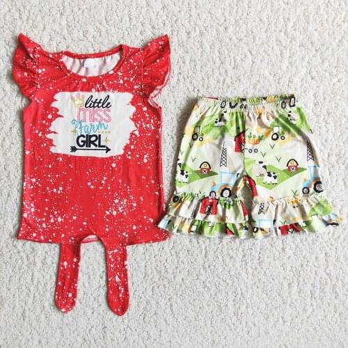 Hot Selling Children Spring Autumn 2Pieces Set Baby Girls High Quality Farm Outfit With Flutter Sleeve Kids Red Top And Shorts