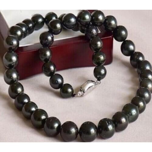 Fashion jewelry Free Shipping AAA10-11mm tahitian round black green pearl necklace 18"925s