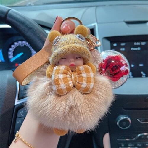 Soft cute doll cute Fox Wool Plaid Bow Tie doll key chain creative Valentines Day gift fashion bag pendant car key chain