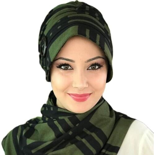 New Fashion Islamic Muslim Headscarf Hijab Clothing Scarf Hijab Ready Wrap Black Green Pattern Wheel Buckled Striped Hat Shawl