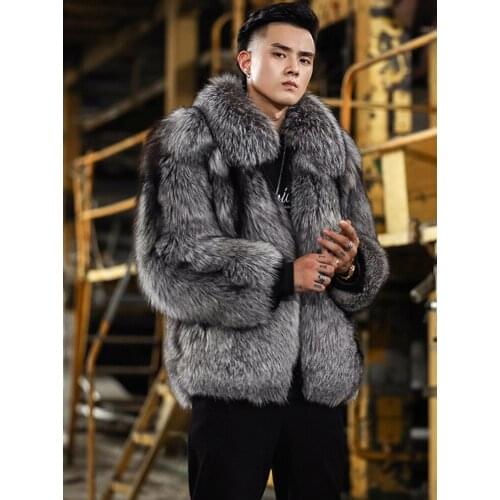 2019 New Mens Gray Fox Fur Coat Fashion Short Leather Jacket Natural Mens Fur Jacket Mens Winter Coats