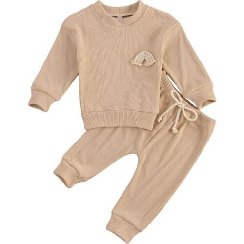 Toddler Baby Girl Boy Clothes Autumn Solid Set Rainbow Embroidery Long Sleeve O-neck Tops Pullovers+Pants 2PCS Outfit