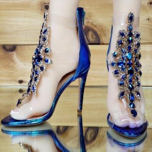 Sexy Rhinestone Jeweled High Heel Sandal Clear PVC Buckle Strap Shining Beaded Floral Dress Shoes Cut-out Cage Shoes Size 43