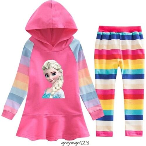Disney Hooded Sweater Dress +Pants Girls Hoodies Pullover Frozen Elsa Printing Cartoon Doll Cotton Casual Women Dress Gifts
