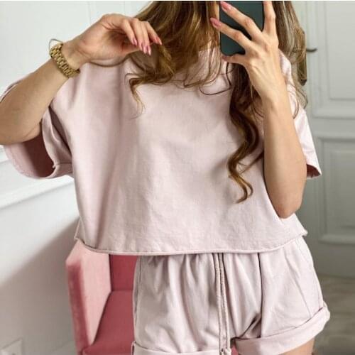 Casual Workout Two Piece Set Women Short Sleeve Solid Active Wear Fashion Loose Outfit Summer Top Biker Shorts Set Drawstring