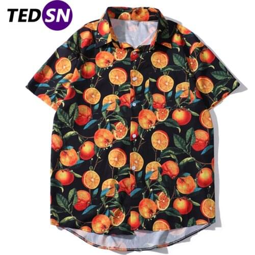 Black Orange Print Hip Hop Shirts Men Beach Hawaii Casual Short Sleeve Summer Streetwear Oversized Loose Cotton Top