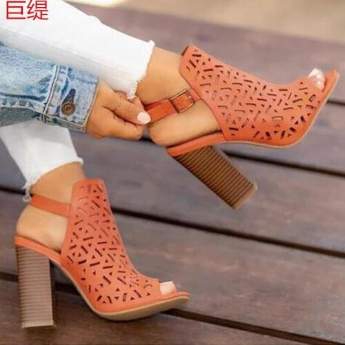 Women Gladiator Sandals Buckle Strap High Heel Shoes Fashion Black And Brown Color Spring And Autumn Large Size