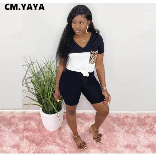CM.YAYA Women Set Casual Tracksuit Patchwork Tops Sheath Elastci Knee Length Shorts 2 Two Piece Sets Fashion Sweatsuit Outfit