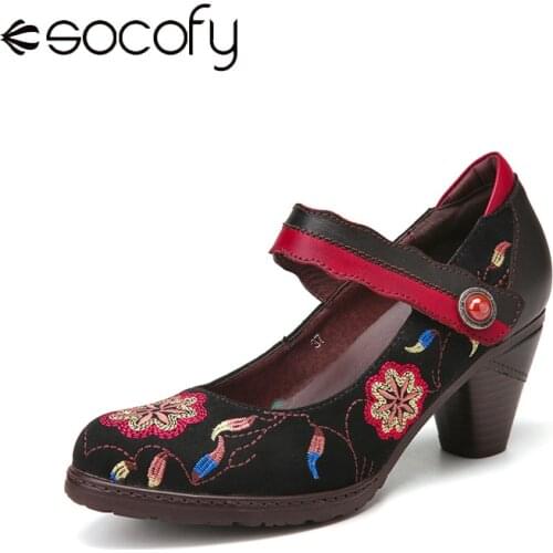 SOCOFY Women Retro Style Heel Pumps Embroidered Flannel Stitching Cowhide Leather Ankle Strap Casual Chunky Heel Pumps Shoes