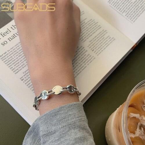 Subeads 925 Sterling Silver Vintage Round Piece Handmade Chain Bracelet For Women Girls Adjustable Bracelet Fine Jewelry