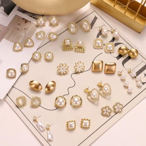 FNIO Vintage Gold Geometric Pearls Earrings For Women Korean Temperament Heart Crystal Irregular Pearl Earring Gift Jewelry