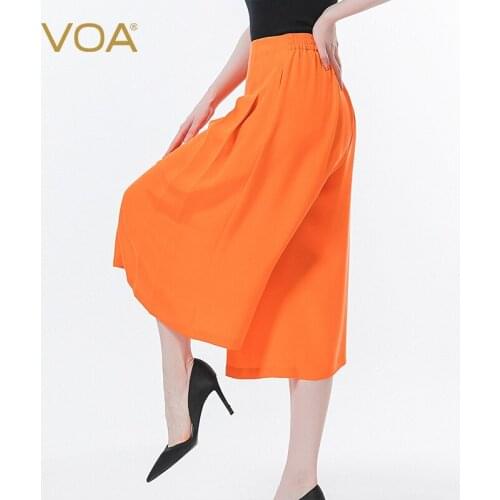 VOA Silk Summer Orange Calf-Length Pants Woman Natural Waist Fold Invisible Side Pull Elastic Waist Wide-leg Womens Pants KE521