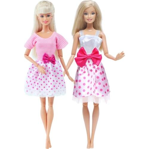 Fashion Two Sets Pink Dress Bow-knot Wave Point Skirt Evening Party Gown Clothes for Barbie Doll Accessories Baby Girl Toy