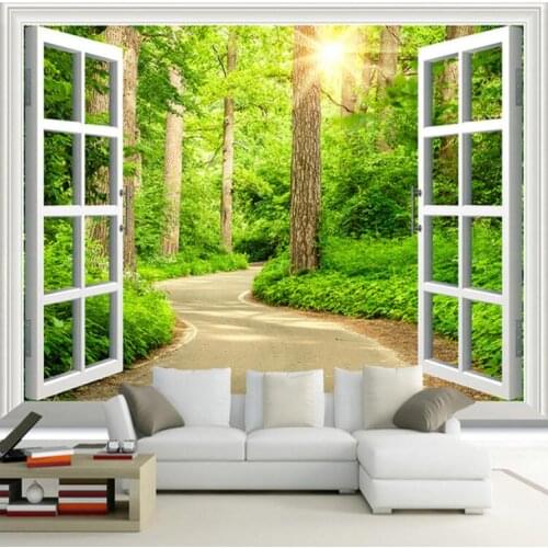 Green Forest Road Window 3D Photo Wallpaper Mural Sunshine Nature Landscape for Living Room Sofa TV Backsplash Wall Paper Rolls