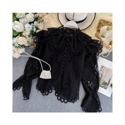 Spring summer womens hollow out stand neck fashion shirt tops female vintage ruffles long sleeve shirt blouse TB4050
