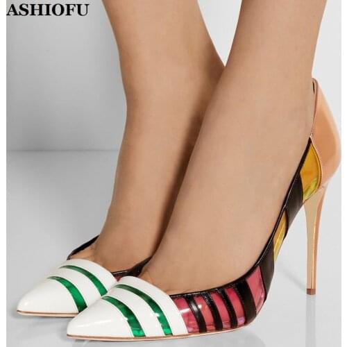 ASHIOFU Handmade Stiletto High Heel Womens Pumps PVC Patchwork Party Prom Dress Shoes Evening Sexy Club Fashion Court Shoes