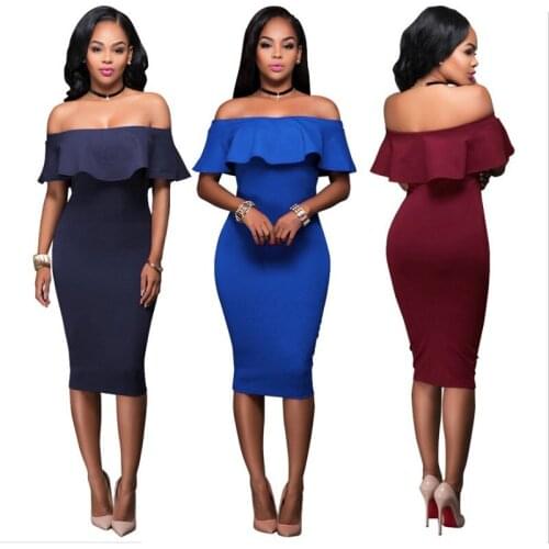 Women Summer Dress Sexy Off The Should Slash Neck Pencil Party Dresses Ladies Ruffles Bodycon Slim Midi Club Vestidos
