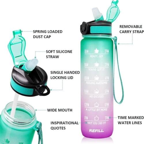 1000ml 33oz Leakproof Motivational Water Bottle Soft Straw Time Marker BPA Free Drinking Portable Fitness Outdoor Enthusiasts