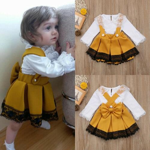 2019 fashion Yellow 2pcs Newborn Kid Baby Girl Lace Jumpsuit Romper Bow Princess Party Skirt Dress Outfit Back Bow Deco girl set