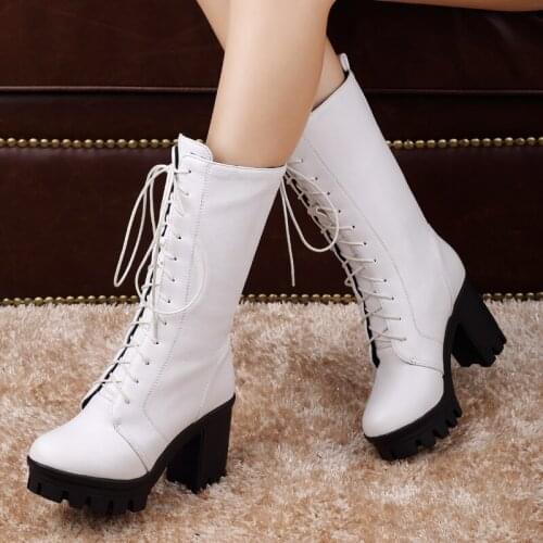 2020 Fashion Lady Motorcycle Boots Female Lace Up Cross Tied Gladiator Riding Mid-calf Boots Shoes Woman Size 34-43