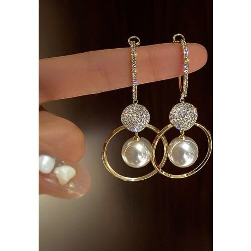 2021 New Fashion Korean Oversized White Pearl Drop Earrings for Women Bohemian Golden Round Zircon Wedding Earrings Jewelry Gift