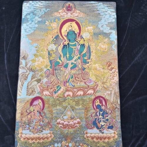 35" Thangka embroidery Tibetan Buddhism silk embroidery brocade Nepal Green Tara Buddha Statue Bodhisattva Thangkas