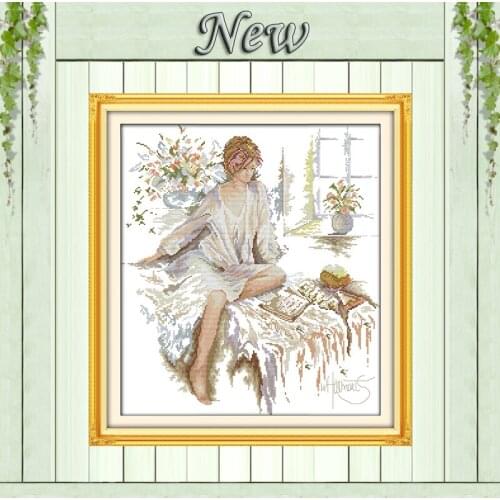 Woman reading on the bed girl painting counted print on canvas 14CT 11CT DMC Cross Stitch kits Needlework Set Drawing Embroidery